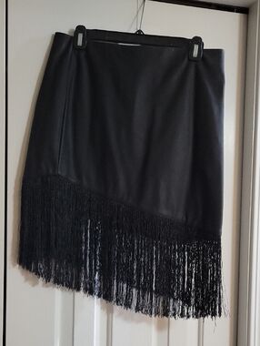Express Black Fringe Hem Vegan Leather Skirt